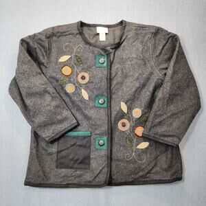 Vintage Womens Wool Blend Jacket Cardigan 1X Grey Floral Embellished Art To Wear